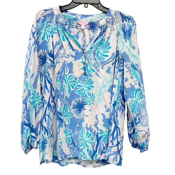 Lilly Pulitzer Tops - Lilly Pulitzer Women's Elsa Blue Silk Tropical Coral Smocked Blouse Size Medium